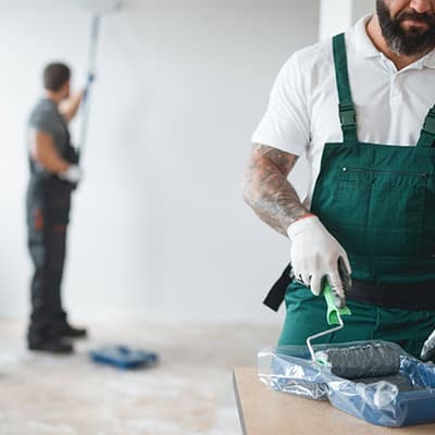 2 professional painters in overalls with paint rollers work on a wall