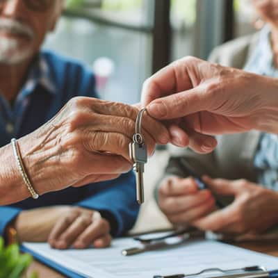 2 older hands pass a key between themselves