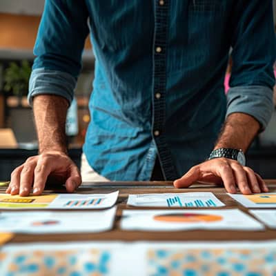 Close up of a table top filled with important looking papers with graphs and data. A mans torso and hands can be seen hovering above the pages.