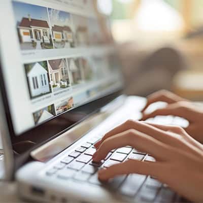 Close up of hands using a laptop- houses can be seen on the screen