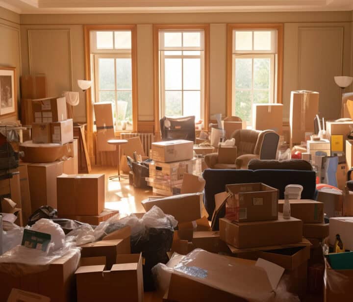 A large windowed room is in a state of disarray- piles of moving boxes, bags of stuff, and a general sense of overwhelm is present